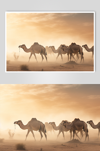 AI数字艺术唯美骆驼在沙漠中行走摄影图片