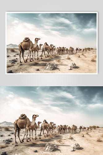 AI数字艺术高清骆驼在沙漠中行走摄影图片