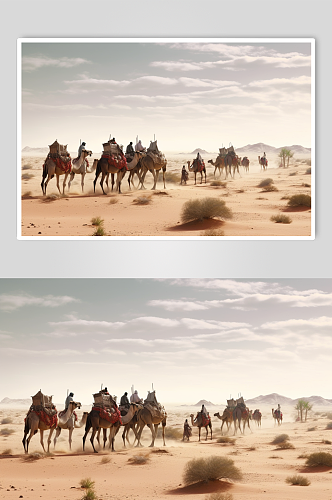 AI数字艺术高清骆驼在沙漠中行走摄影图片