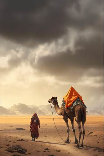AI数字艺术超清骆驼在沙漠中行走摄影图片