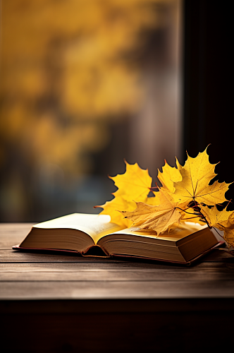 AI数字艺术秋季落叶在书籍上摄影图片