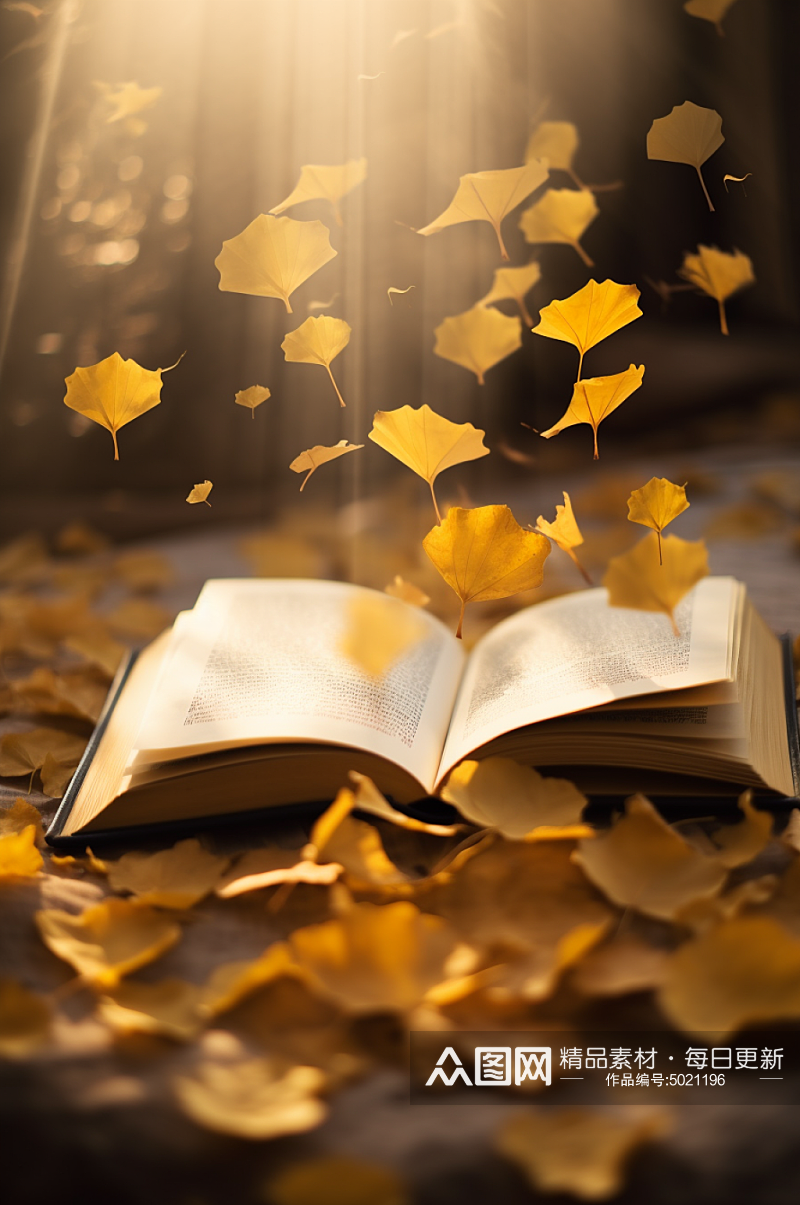AI数字艺术秋季落叶在书籍上摄影图片素材