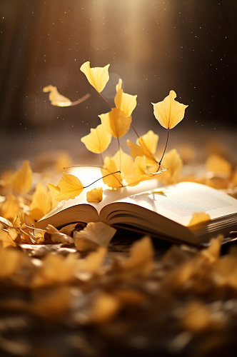 AI数字艺术秋季落叶在书籍上摄影图片