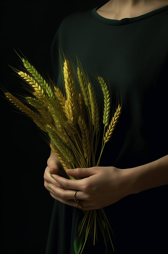 AI数字艺术农村农民手捧麦粒丰收摄影图片