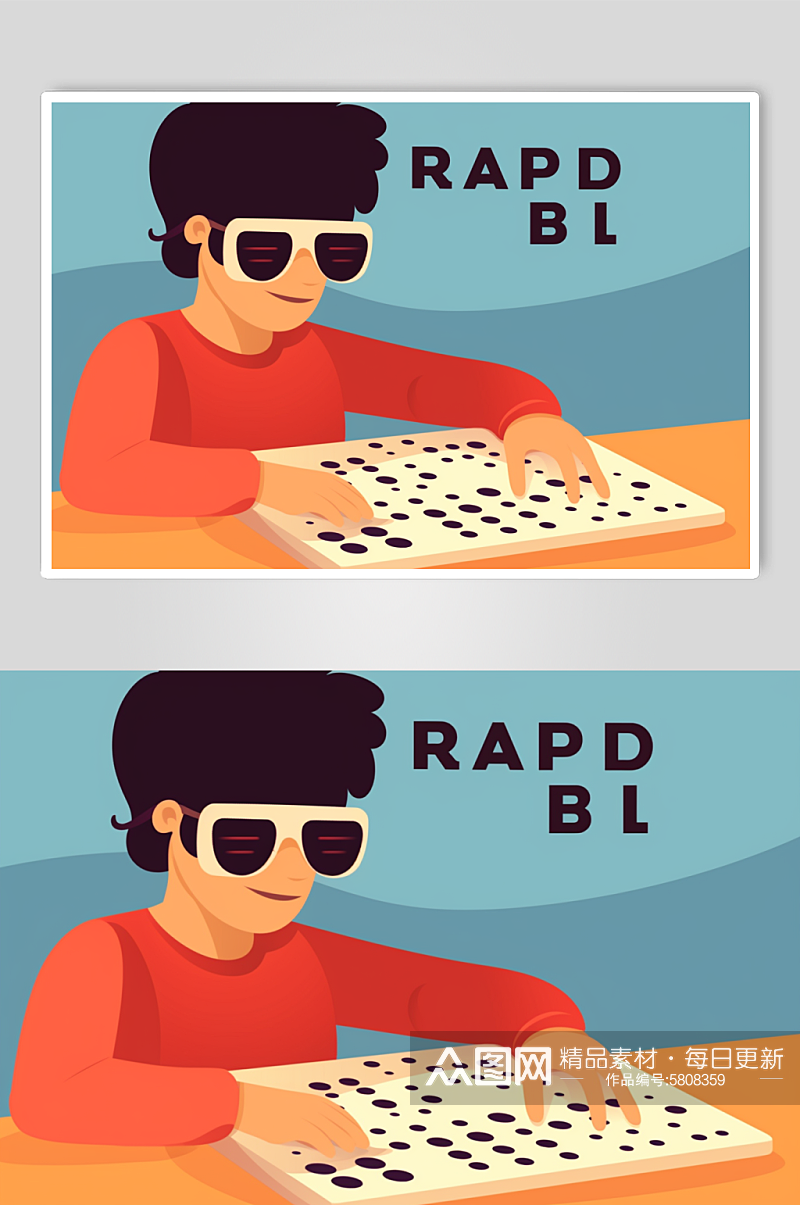 AI数字艺术盲人读盲文扁平化人物插画素材
