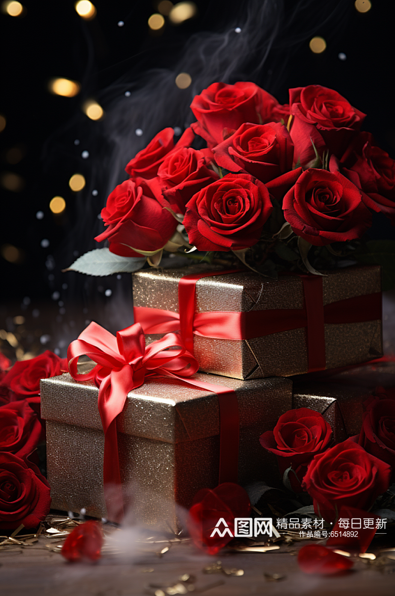 AI数字艺术情人节玫瑰礼物盒摄影图素材