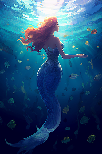 AI数字海底海洋世界美人鱼插画