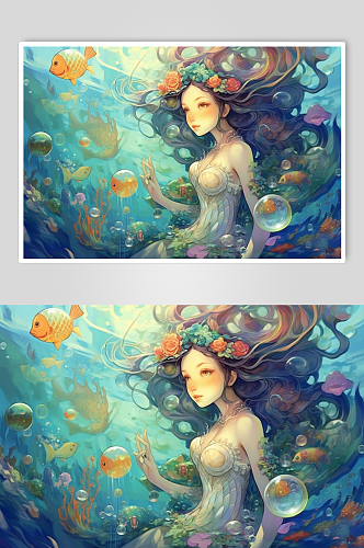 AI数字海底海洋世界美人鱼插画