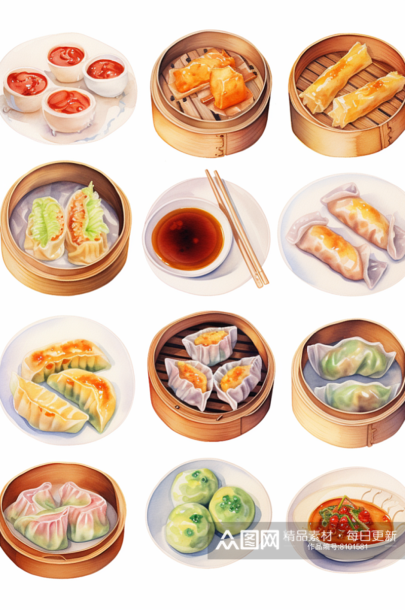 AI数字艺术手绘传统美食水彩插画素材