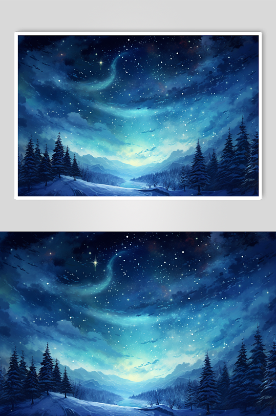 AI数字艺术唯美星空中的梦幻雪景插画