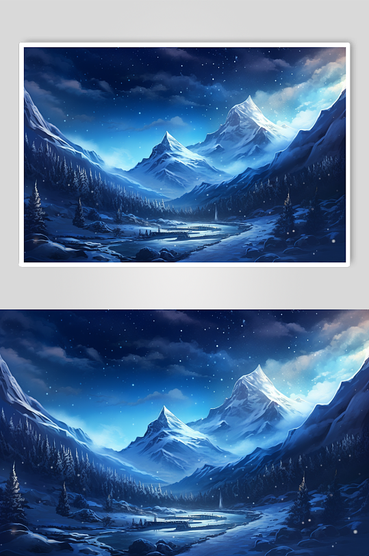 AI数字艺术唯美星空中的梦幻雪景插画