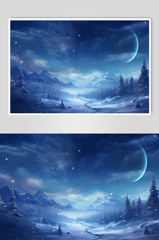 AI数字艺术唯美星空中的梦幻雪景插画