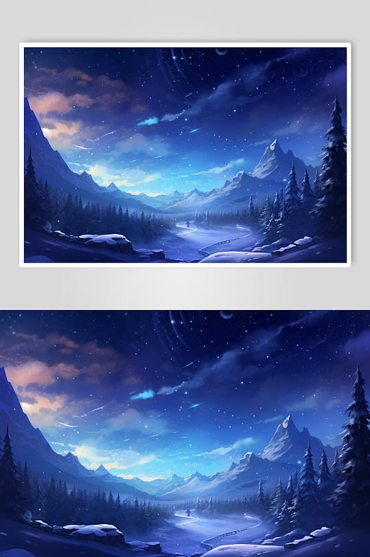 AI数字艺术唯美星空中的梦幻雪景插画