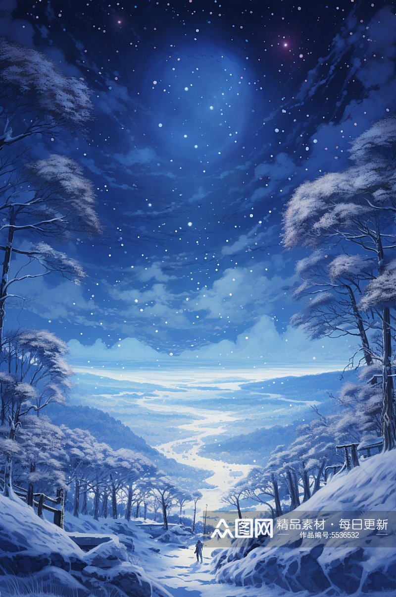 AI数字艺术唯美星空中的梦幻雪景插画素材