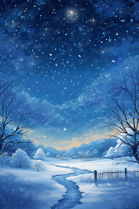 AI数字艺术唯美星空中的梦幻雪景插画