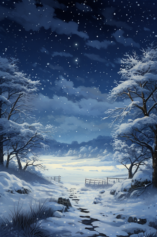 AI数字艺术唯美星空中的梦幻雪景插画