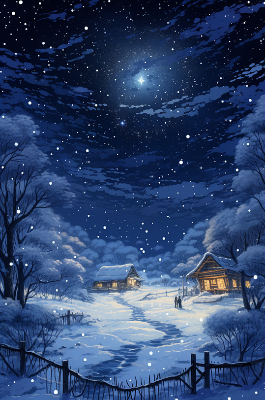 AI数字艺术唯美星空中的梦幻雪景插画