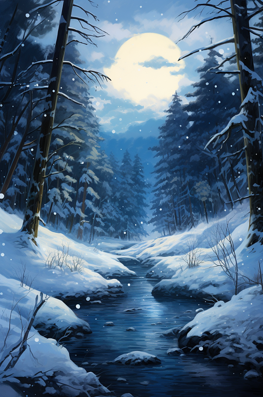 AI数字艺术唯美星空中的梦幻雪景插画