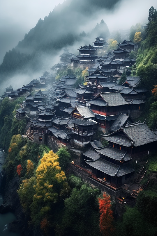 AI数字艺术国内城市贵州千户苗寨风景图片-众图网