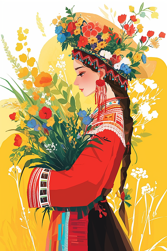 AI数字艺术扁平化民族风东方人物插画-众图网