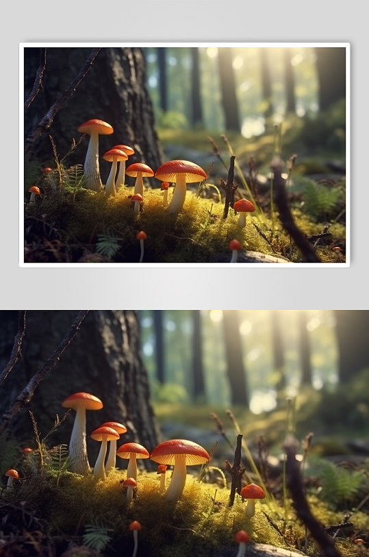 AI数字艺术清新森林里的蘑菇摄影图片