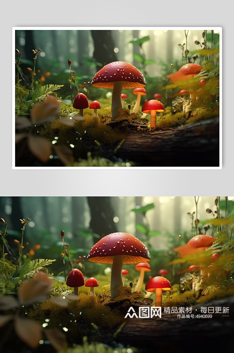 AI数字艺术清新森林里的蘑菇摄影图片素材