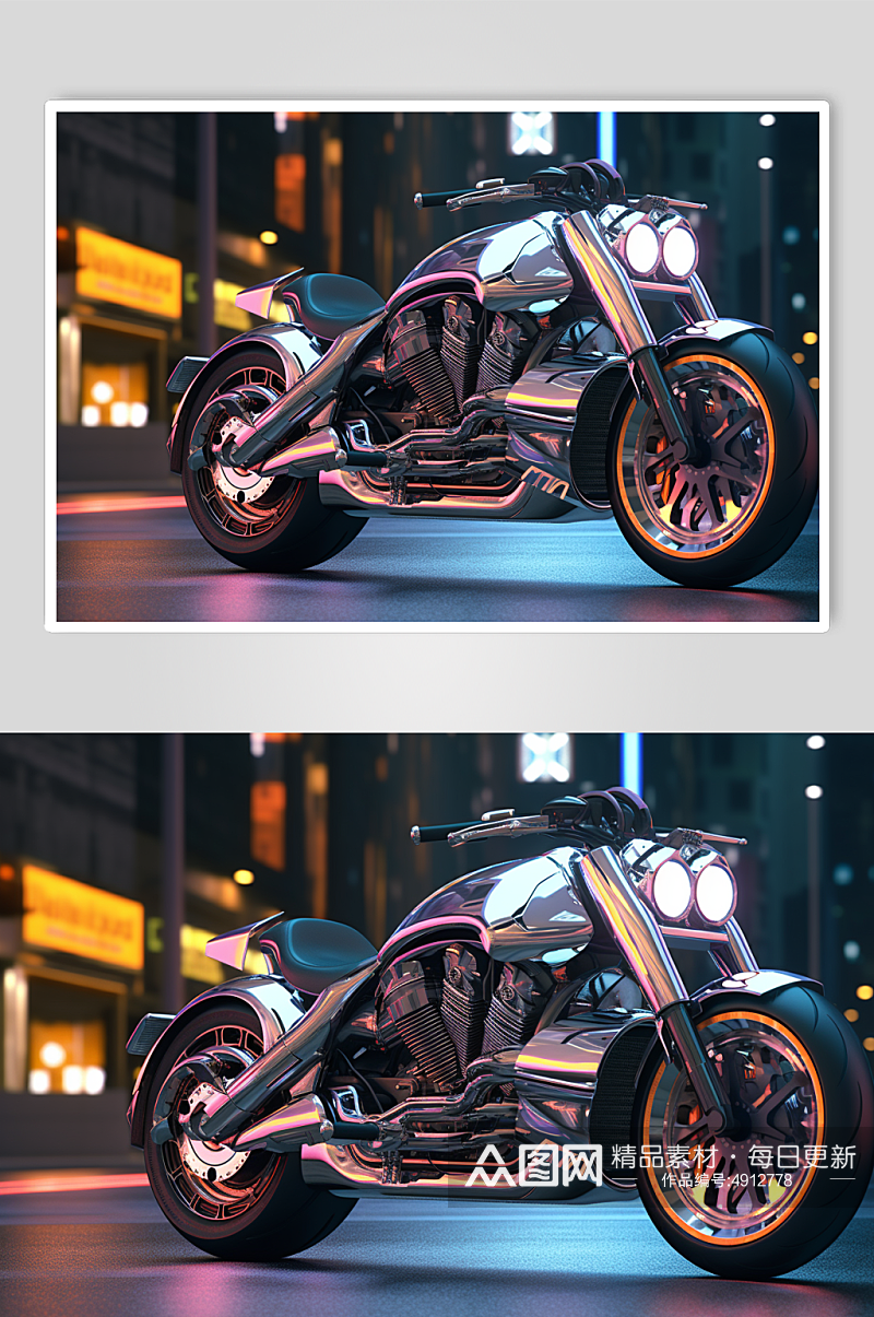 AI数字艺术炫酷霓虹光摩托车交通工具图片素材