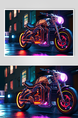 AI数字艺术炫酷霓虹光摩托车交通工具图片