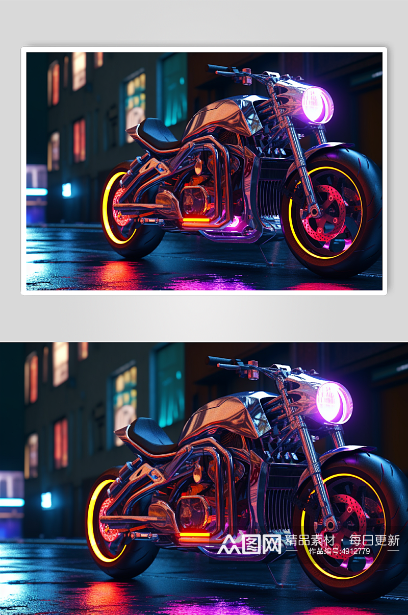 AI数字艺术炫酷霓虹光摩托车交通工具图片素材