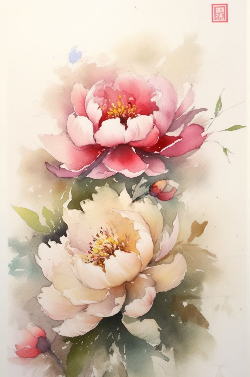 AI数字艺术粉色牡丹花水彩素材