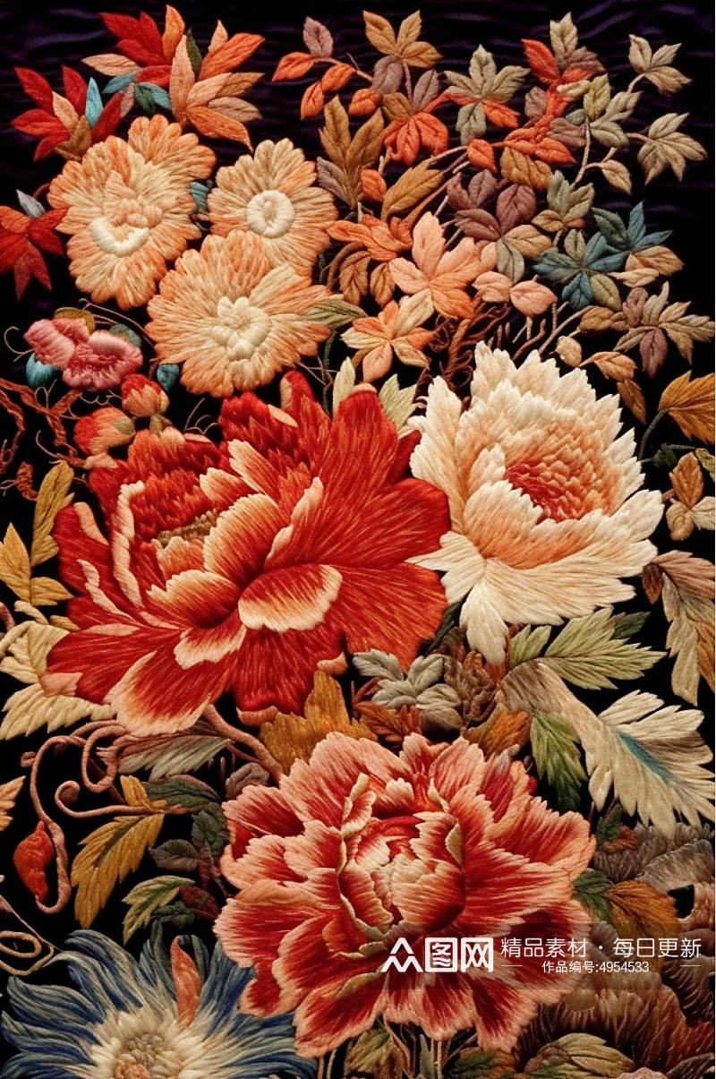AI数字艺术手绘中国风牡丹花卉刺绣装饰画素材