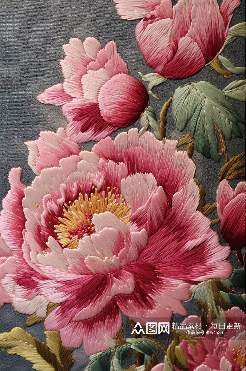 AI数字艺术手绘中国风牡丹花卉刺绣装饰画素材