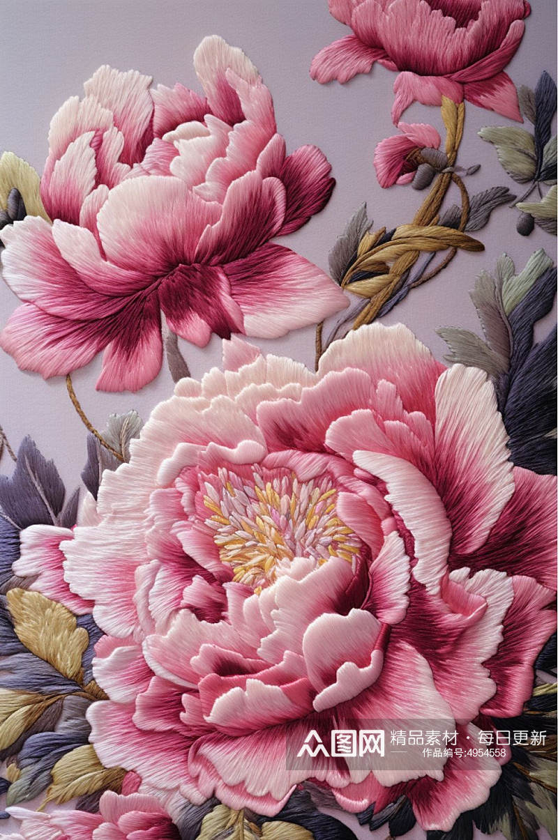 AI数字艺术复古中国风牡丹花卉刺绣装饰画素材