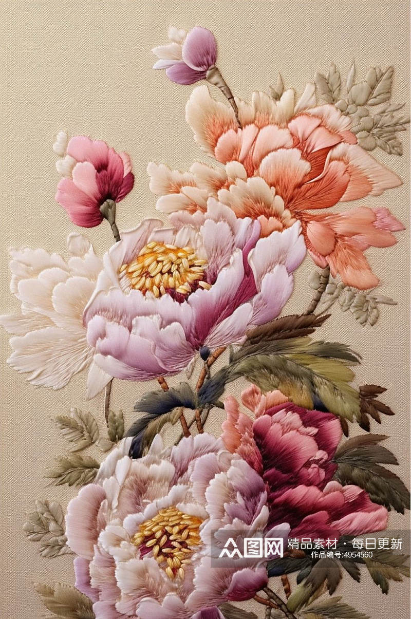 AI数字艺术复古中国风牡丹花卉刺绣装饰画素材