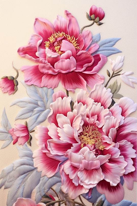 AI数字艺术复古中国风牡丹花卉刺绣装饰画
