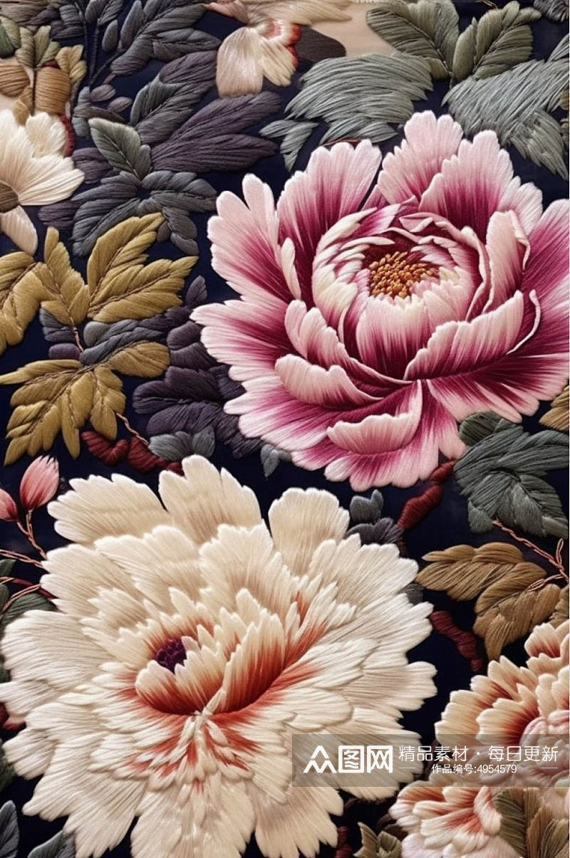 AI数字艺术原创中国风牡丹花卉刺绣装饰画素材