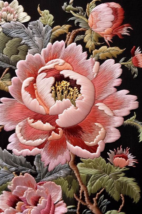 AI数字艺术原创中国风牡丹花卉刺绣装饰画