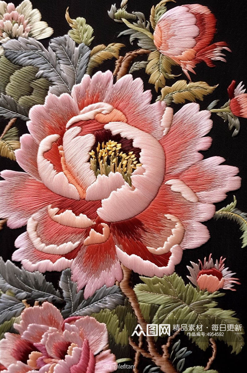 AI数字艺术原创中国风牡丹花卉刺绣装饰画素材
