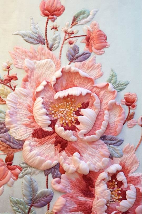 AI数字艺术原创中国风牡丹花卉刺绣装饰画