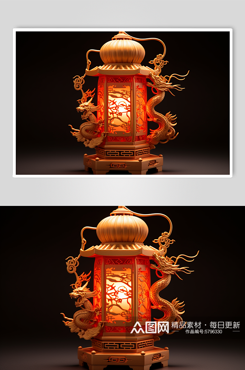 AI数字艺术新年龙年木雕灯笼装饰模型素材