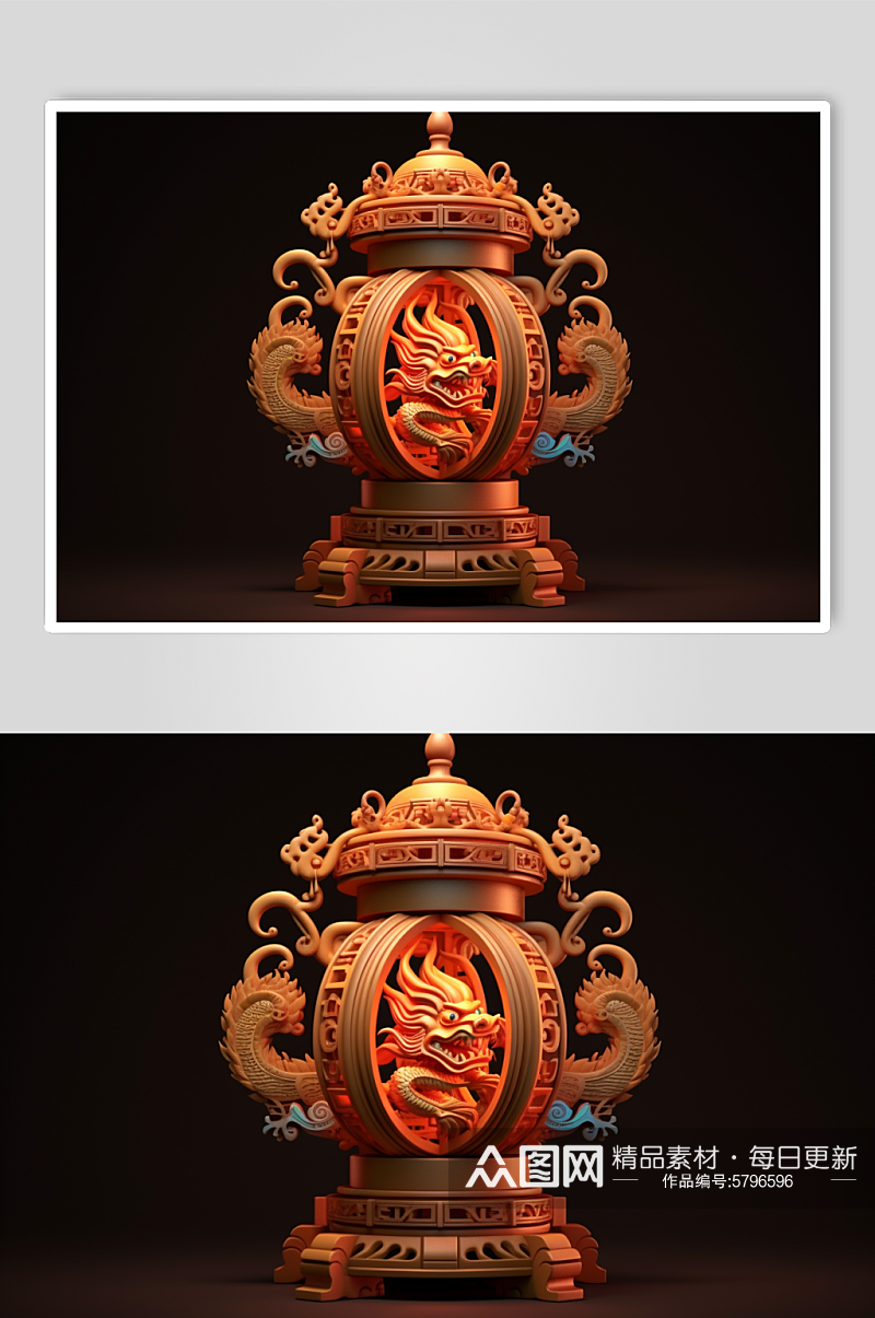 AI数字艺术新年龙年木雕灯笼装饰模型素材