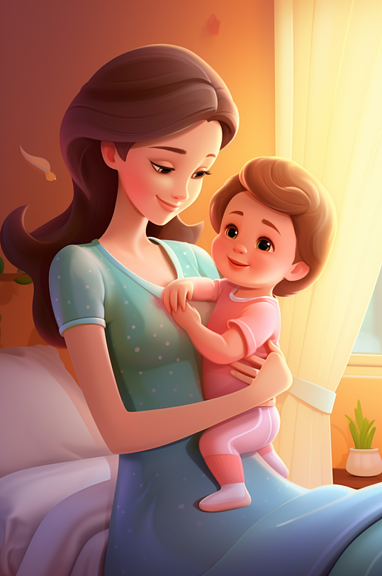 AI数字艺术卡通母乳喂养母婴温馨插画