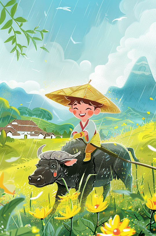 AI数字艺术清明节中国风牧童插画-众图网