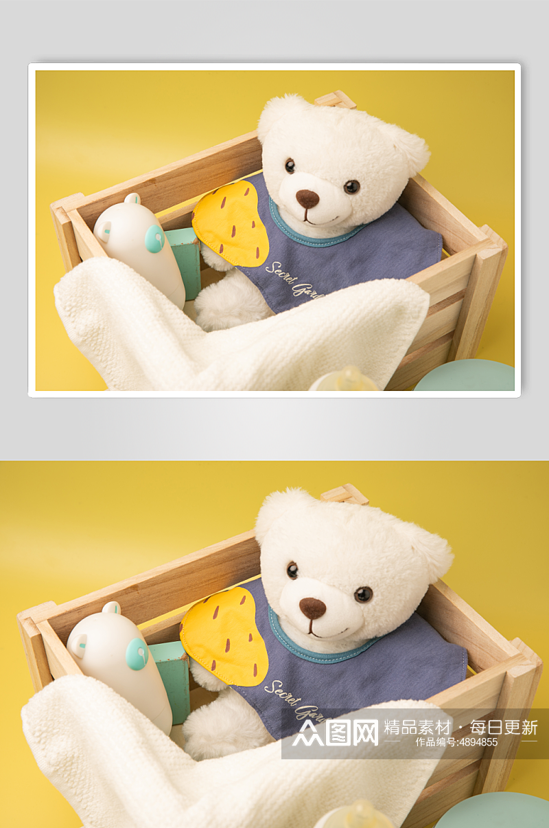 竹筐毛巾玩具熊母婴用品摄影图片素材