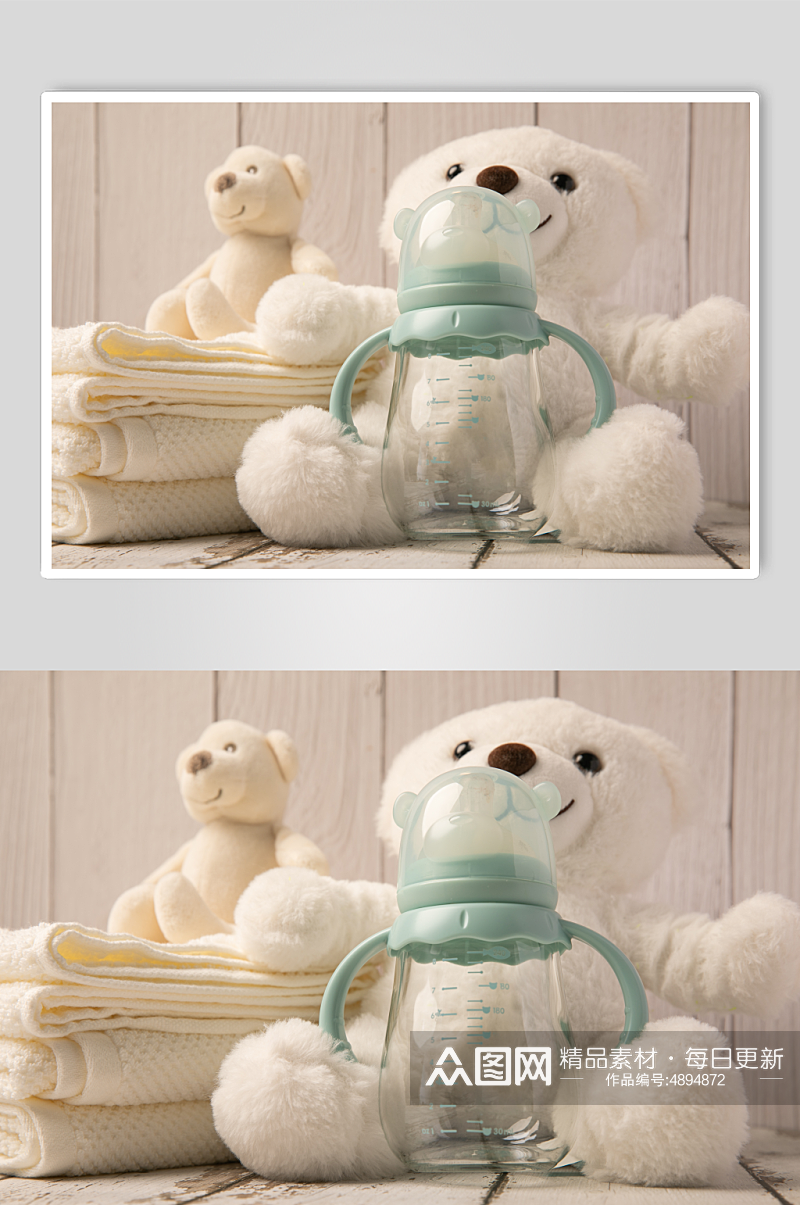 绿色奶瓶玩具熊母婴用品摄影图片素材