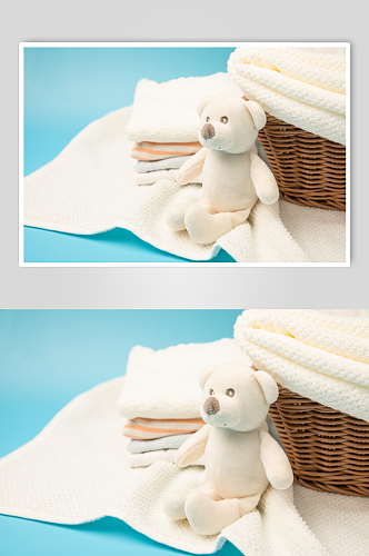竹筐毛巾玩具熊母婴用品摄影图片