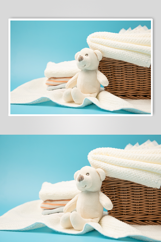 竹筐毛巾玩具熊母婴用品摄影图片