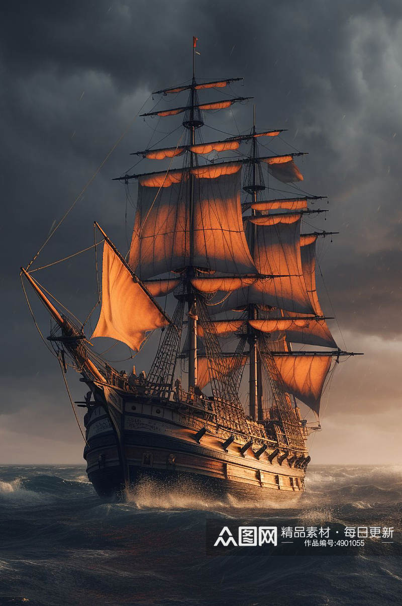 AI数字艺术简约复古木质帆船交通工具图片素材