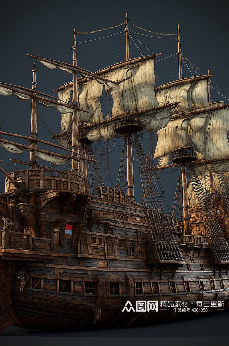 AI数字艺术简洁古代木质帆船交通工具图片素材