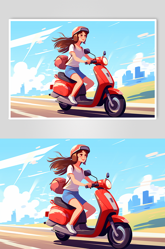 AI数字艺术骑电动车的男孩女孩插画